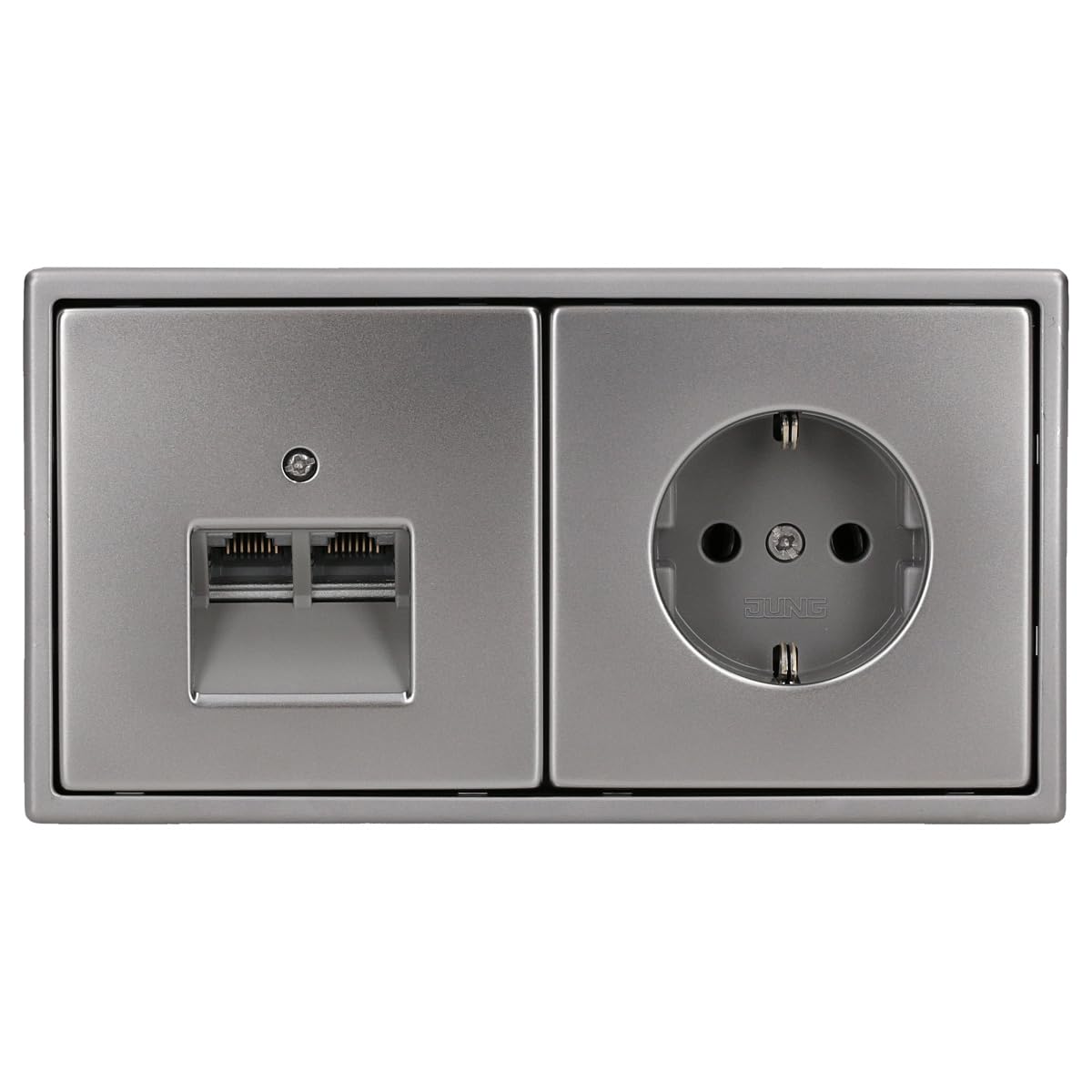 JUNG Serie LS Cat.6A Doppel-Netzwerkdose & Steckdose Set Edelstahl | mit Cat.6A UAE-Anschlussdose, ES2969-2UA Abdeckung, ES1520 SCHUKO Steckdose, ES2982 Rahmen 2-fach