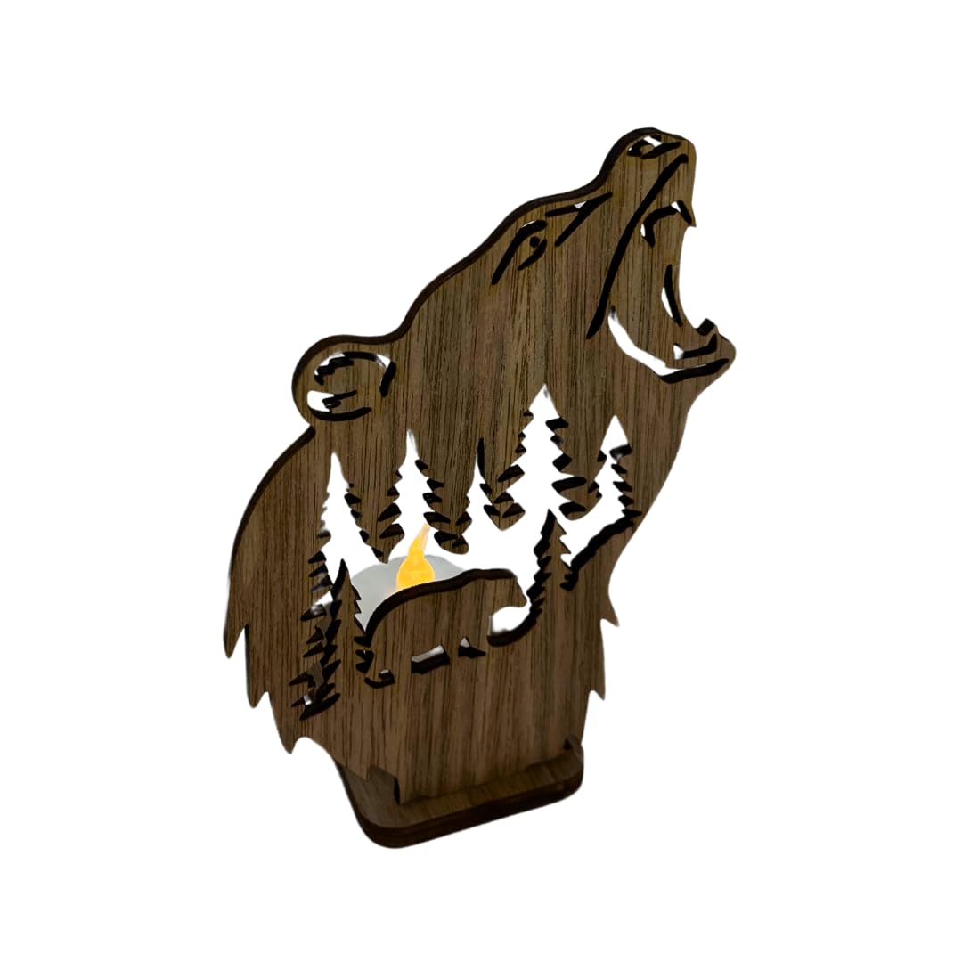 Bear Design Night Light | Tea Light Candle Holder with Electric Tea Light Included | Wooden Wildlife Design Perfect for Homes or Cabins | Made in USA