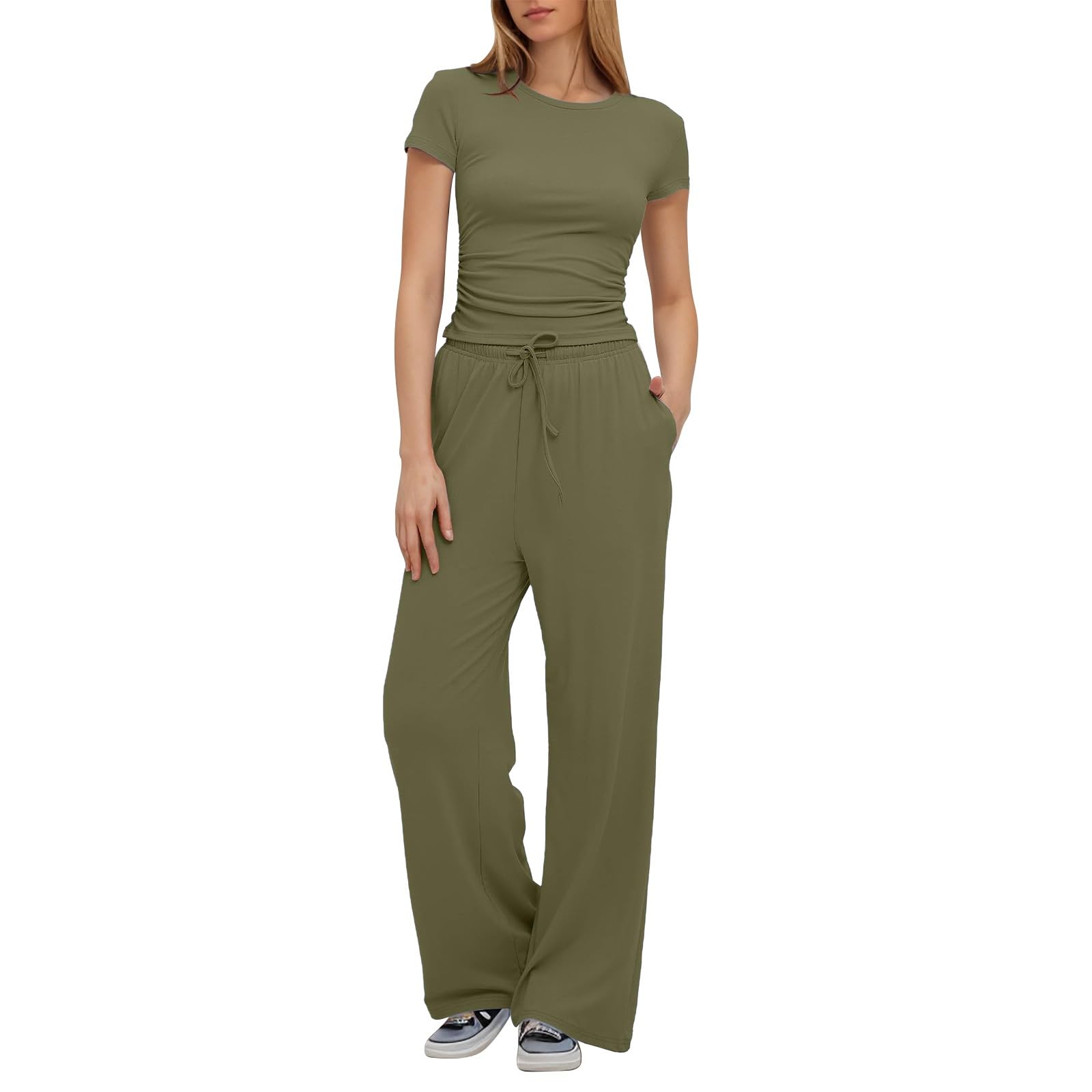 Co Ord Sets for Women Basic Slim Fit Short Sleeve Top and Wide Leg Pants Soft Comfortable Ladies Loungewear Sets Two Piece Outfit for Summer Holiday Travel-image-10