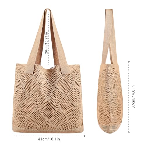 Image of COOKOOKY Lined Crochet Tote Beach Shoulder Bag Women Casual Work Shopping | Lined crochet tote with soft structure, perfect for beach, work, shopping. Roomy & lightweight for daily use.