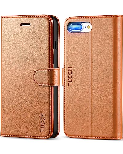 TUCCH Case Wallet for iPhone 7 Plus/8 Plus, PU Leather Folio Cover with Kickstand [Card Slot] Magnetic Closure Flip Protective TPU Interior Case Compatible with iPhone 8 Plus/7 Plus, Light Brown