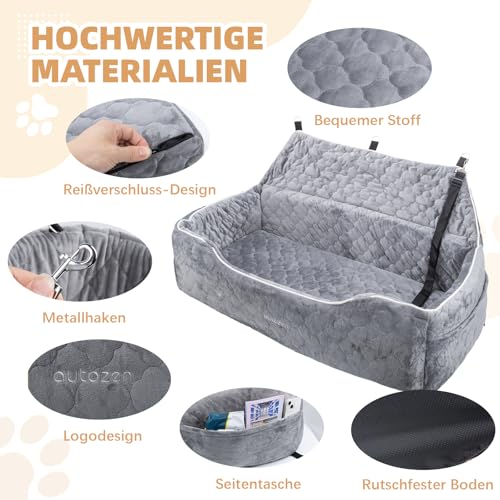 autozen Hunde Autositz für mittlerer große Hunde, Abnehmbarer Hundesitz Auto bis zu 54kg mit 2 Sicherheitsleinen, Waschbarer Hundebett Auto für den Rücksitz, Grau