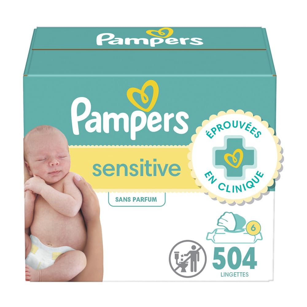 Pampers Sensitive Baby Wipes, Water Based, Hypoallergenic and Unscented, 6 Flip-Top Packs (504 Wipes Total)