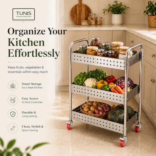 Image of TUNIS 3 Tier 202 Premium Stainless Steel Kitchen Storage Trolley with 360 Rotating Wheels | Multipurpose Vegetable & Fruit Rack Organizer | Movable Storage Cart for Kitchen, Pantry & Home