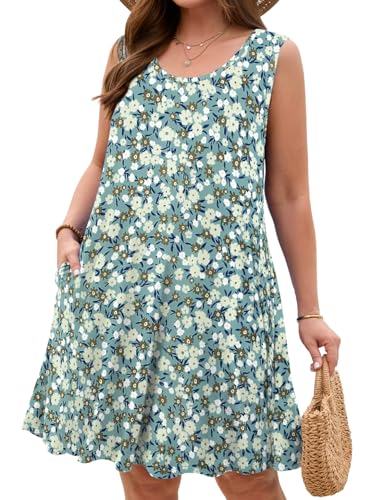 Image of JollieLovin Women Plus Size Curvy Summer Tank Sun Dresses Sleeveless Causal T-Shirt Dress Beach Swing Cover up(L-5X)