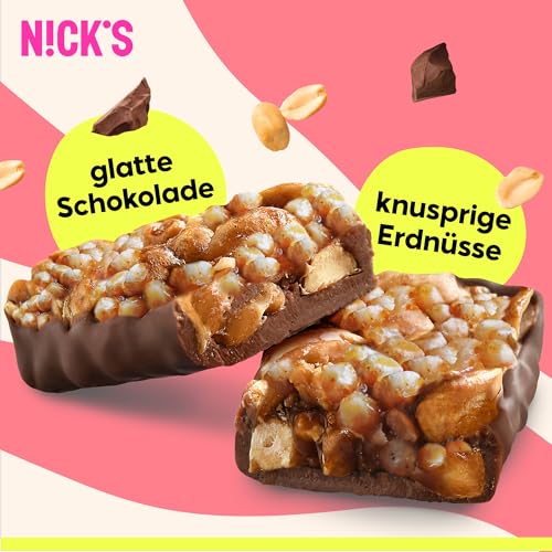 NICKS Nut Bar Peanut Crisp, veganer Keto-Snack mit Schokolade, 5,9 Netto-Kohlenhydraten, 160 Kalorien, ohne Zuckerzusatz, glutenfreie Low Carb Süßigkeit (Multipack 12x40g)