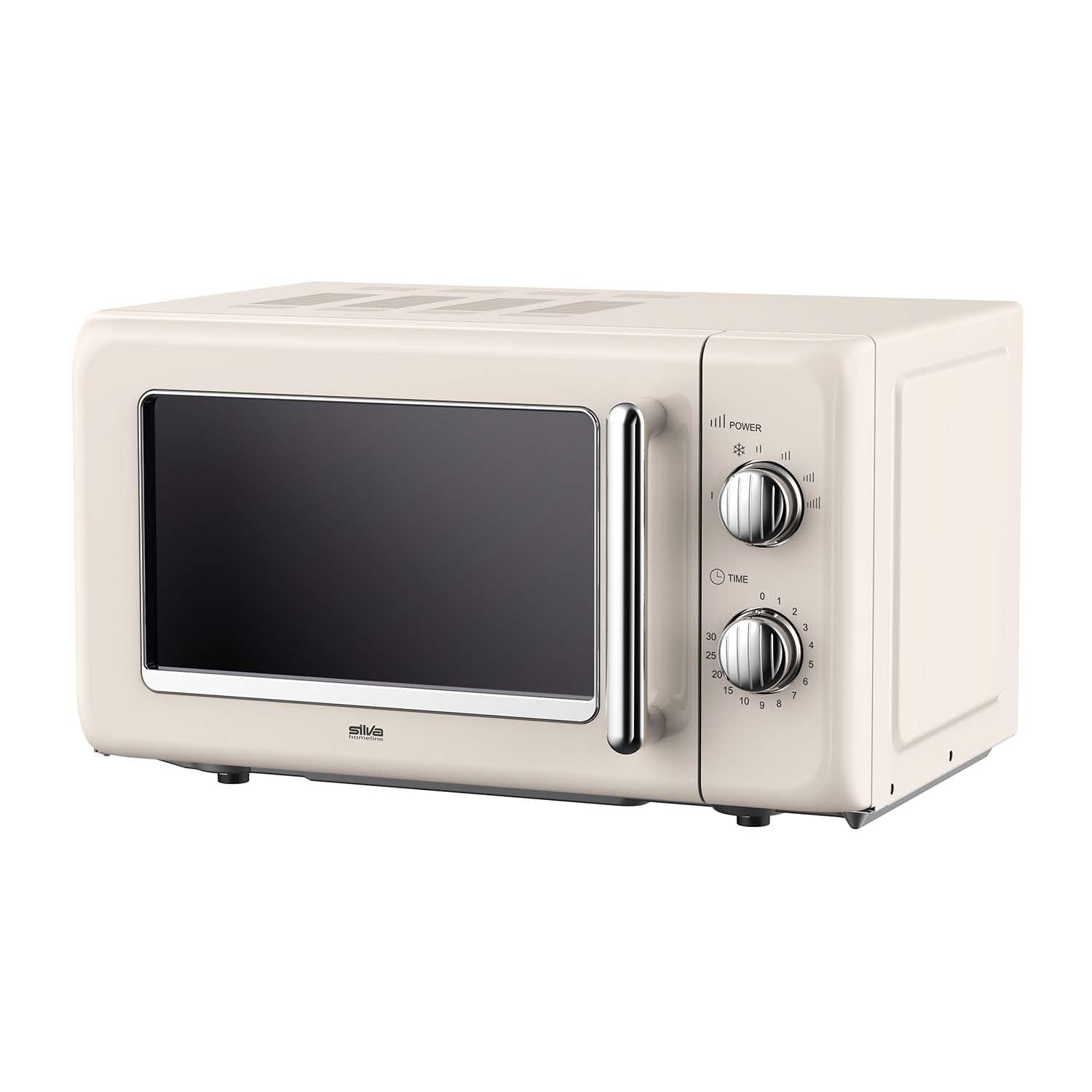 Silva Schneider MW-R 25.3 Retro Mikrowelle 20L, 700 Watt, 6 Leistungsstufen, Timer, verchromte Knöpfe & Griff, Endsignal – Farbe Beige