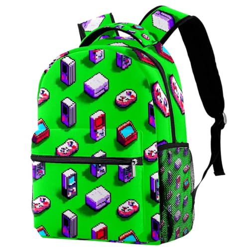 Sac à dos vert avec porte-bouteille et motif console de jeu pour ranger les affaires