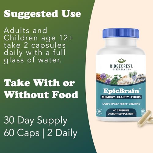 RidgeCrest Herbals EpicBrain, Natural Brain Support Supplement with Creatine Monohydrate, Lion's Mane, Reishi, Supports Mental Clarity, Memory, Focus, Stimulant-Free Nootropic (60 Count, 30 Servings) - Image 5