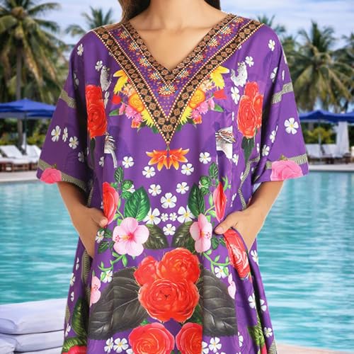 Image of Miss Lavish London Purple Floral Kaftan Dress for Women V Neck Batwing Sleeve Maxi Beach Cover Up, Ethnic Rose Print Plus Size Caftan with Side Slits & Pockets, Resort Wear Swimsuit Coverup-Purple-L