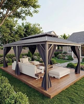 12x18 FT Hardtop Gazebo with Double Metal Roof, Aluminum Frame Permanent Pavilion with Curtains and Netting for Patio Backyard Lawns