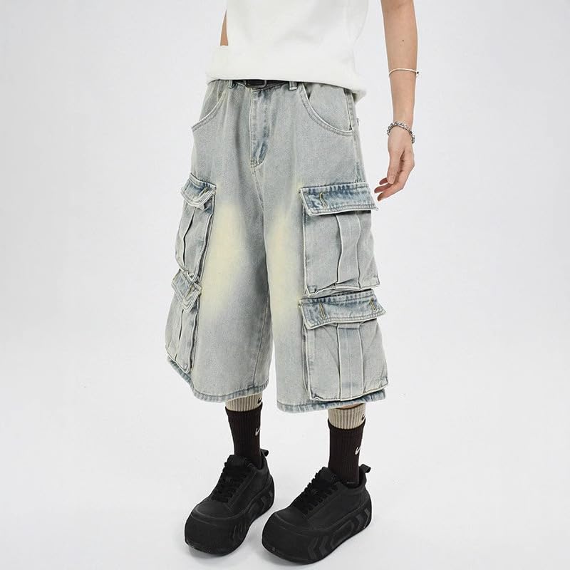 Unisex Vintage Multi Pocket Distressed Washed Cargo Pants, Loose and Casual Cropped Jeans2