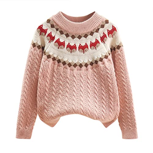 Kids Girls Vintage Cable Knit Sweater Toddler Cute Fox Pattern Thicken Warm Twist Knitted Crewneck Pullover Outerwear