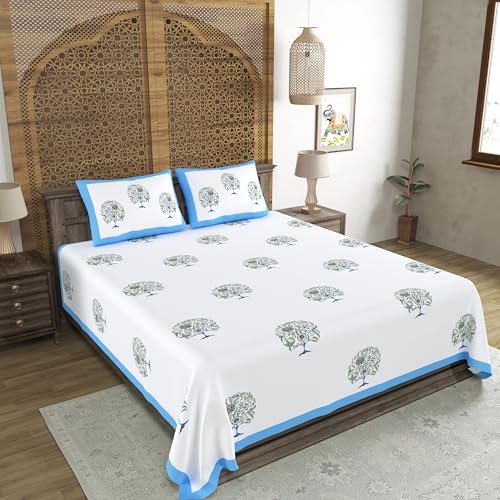 Image of BLOCKS OF INDIA Hand Block Printed 200 TC Cotton King Size Bedsheet (Blue Tree of Life)