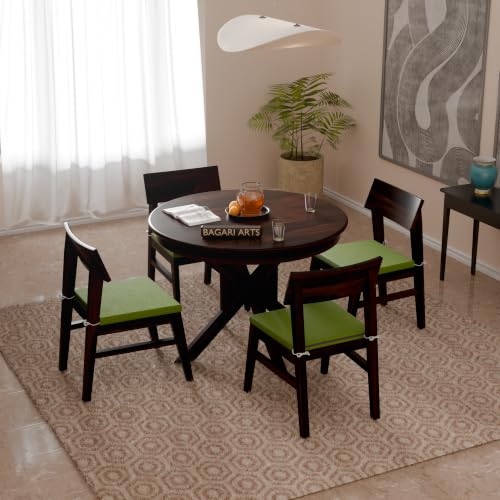 Image of Solid Sheesham Wood 4 Seater Round Dining Table Set with 4 Green Cushioned Chairs | Wooden Dining Table Set for Home, Kitchen, Dining Room & Restaurant | Dining Table Set 4 Seater | Walnut Finish
