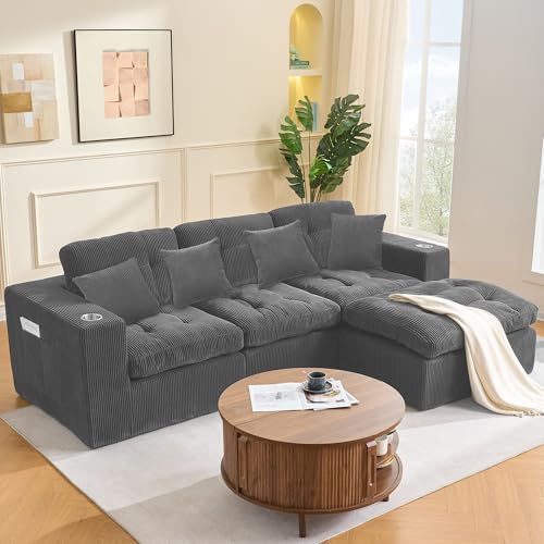 Modular Sectional Sofa with L-Shape Chaise, 102" Cloud Sectional Couch with Deep Seat, 3 Seat Modular Sofa Memory Foam, Upholstered Boneless Couches for Living Room, No Assembly Required, Grey