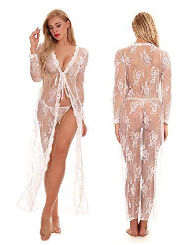 cunlin Women Sexy See Through Lace Gown Kimono Cover Up Sleepwear Set Plus Size Dress Maternity Pregnant Robe White M - Thumbnail 2