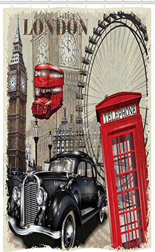 ABAKUHAUS Collage Rideau de Douche Stalle, Vintage Londres Signe Collage, Ensemble de Salle de Bain en Tissu en Crochets, 120 x 180 cm, Ivoire Anthracite