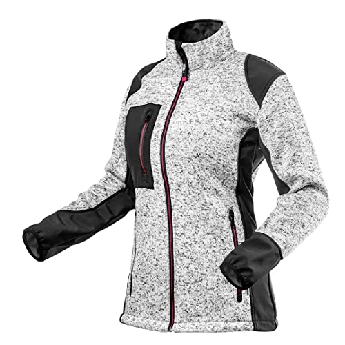 NEO TOOLS Damen Arbeitsjacke in Strick-Optik, 100% Polyester, Gr. S-XXL, warme Fleece-Qualität mit Einsätzen aus Softshell-Stoff, Reißverschluss, 3 Zipper-Taschen