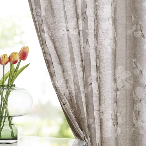 Image of FMFUNCTEX Linen Sheer Blossom Floral Print Curtains Taupe 63 Inch 2 Panels | Rod Pocket Rustic Drapes, Farmhouse Flower Patterned Window Curtain, Light Filtering Privacy for Living Room and Bedroom