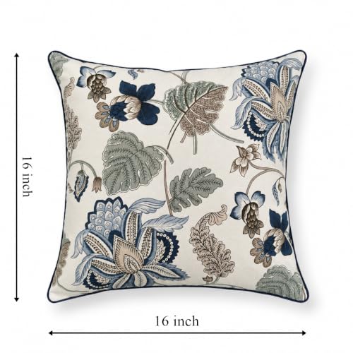 Image of Cotton Cushion Covers 16x16 Inch - Hand Block Floral Print Pillow Covers for Sofa, Couch & Bedroom (Pack of 5) (Dark Blue)