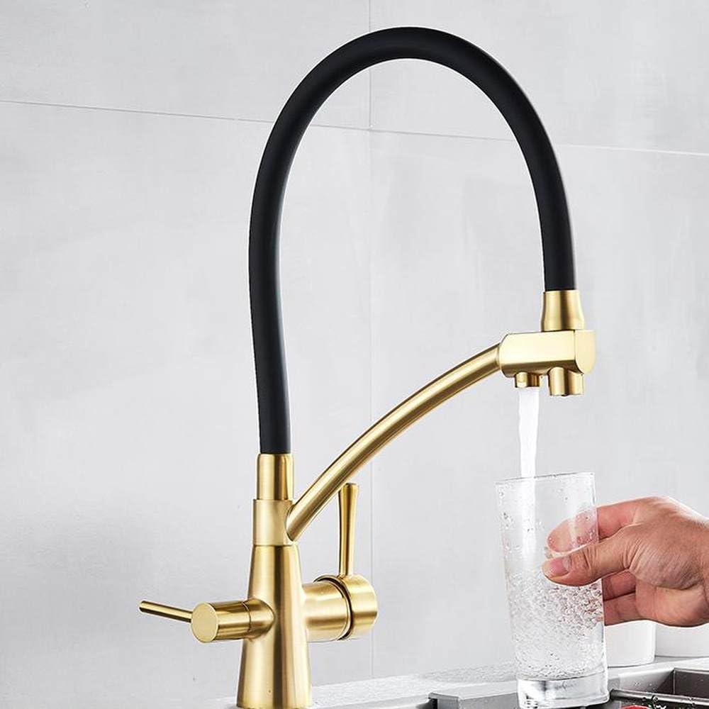 FCXWEVR Brushed Gold Pull Down Kitchen Faucet Hot & Cold Water Mixer Tap with Filter Purification Stylish Deck Mount Design for Modern Kitchens Perfect for Drinking Water Needs