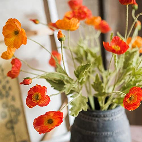 Artificial Poppy Silk Flowers (6 Stems) For Home Decor, Wedding Bouquet. Faux Poppy Flower Centerpiece. Artificial Plants Coral Flower Arrangement. Silk Flowers For Decoration(Dark Orange) #TOP4