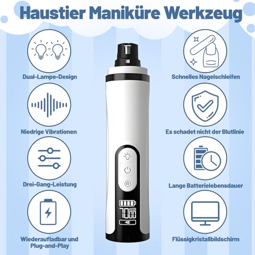Pro Krallenschleifer für Hunde - Mit 2 Schleifköpfen, Pfotentrimmer mit Led Licht und 3 Geschwindigkeiten, Krallenschleifer Hund, Hunde Nagelfeile Elektrisch für Große, Mittelgroße und Kleine Hunde