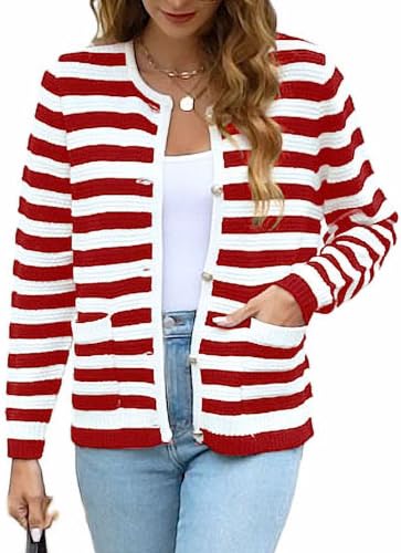 Halife Womens Cardigan Sweaters with Pockets Crew Neck Button Front Knitted Outwear Coat