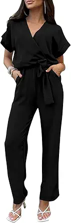 PRETTYGARDEN Women's Summer One Piece Jumpsuits Belted Short Sleeve Wrap V Neck Fashion Dressy Casual Wide Leg Pants Romper