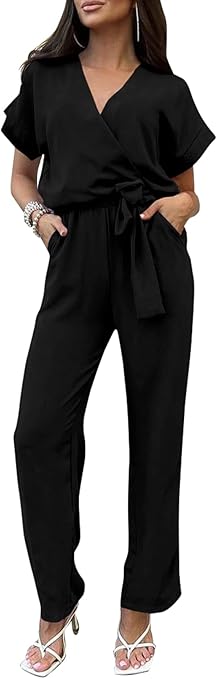 PRETTYGARDEN Women's Summer One Piece Jumpsuits Belted Short Sleeve Wrap V Neck Fashion Dressy Casual Wide Leg Pants Romper