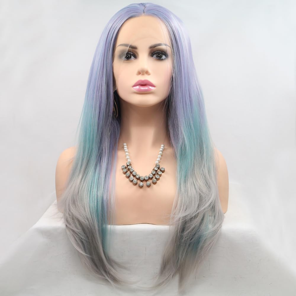 Xiweiya Light Purple Lace Wigs 13x3 Lace Mixed Purple Ombre Blue Grey Lace Front Wigs Long Silky Straight Colorful Hair Synthetic Lace Wig Heat Resistant Fiber Hair for Women Drag Queen Cosplay 24inch