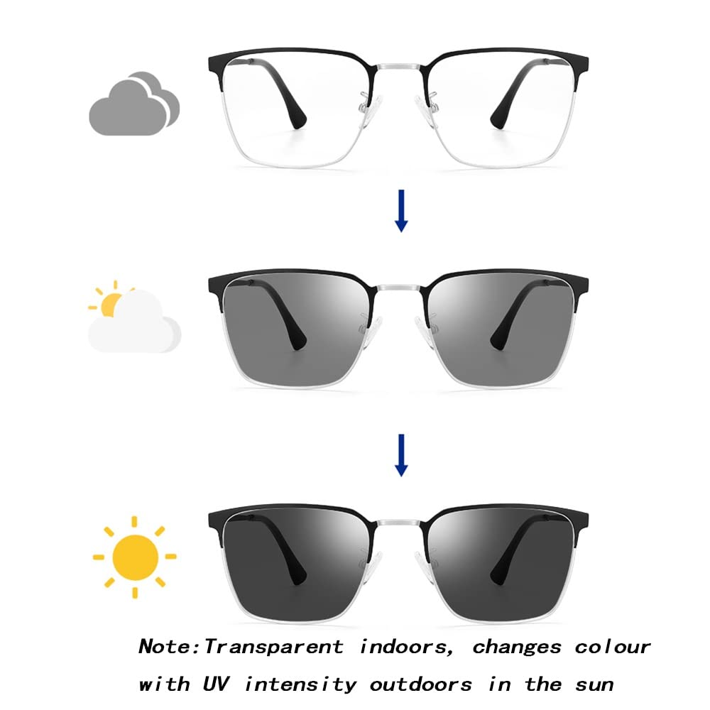 Gafas De Lectura Progresivas Multifoco，Fotocrómico Lentes De Lectura Hombres，Gafas De Lectura Rectangular Oro Negro +1.5 (Color : Black Silver, Size : +2.0)
