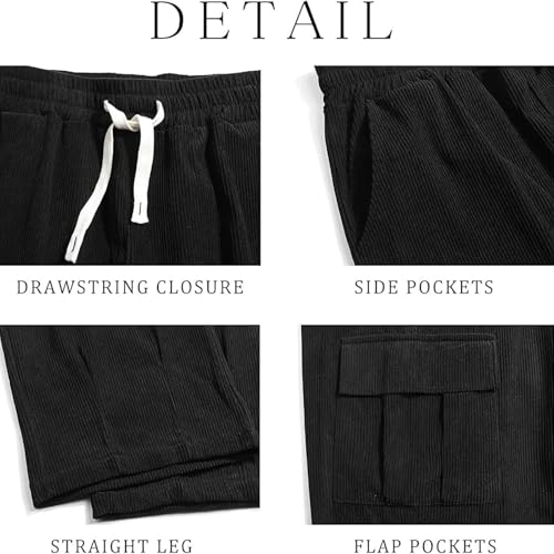Mens Corduroy Casual Pants Fashion Wide Leg Cargo Pants Straight Sweatpants with Pockets Drawstring Elastic Waist4