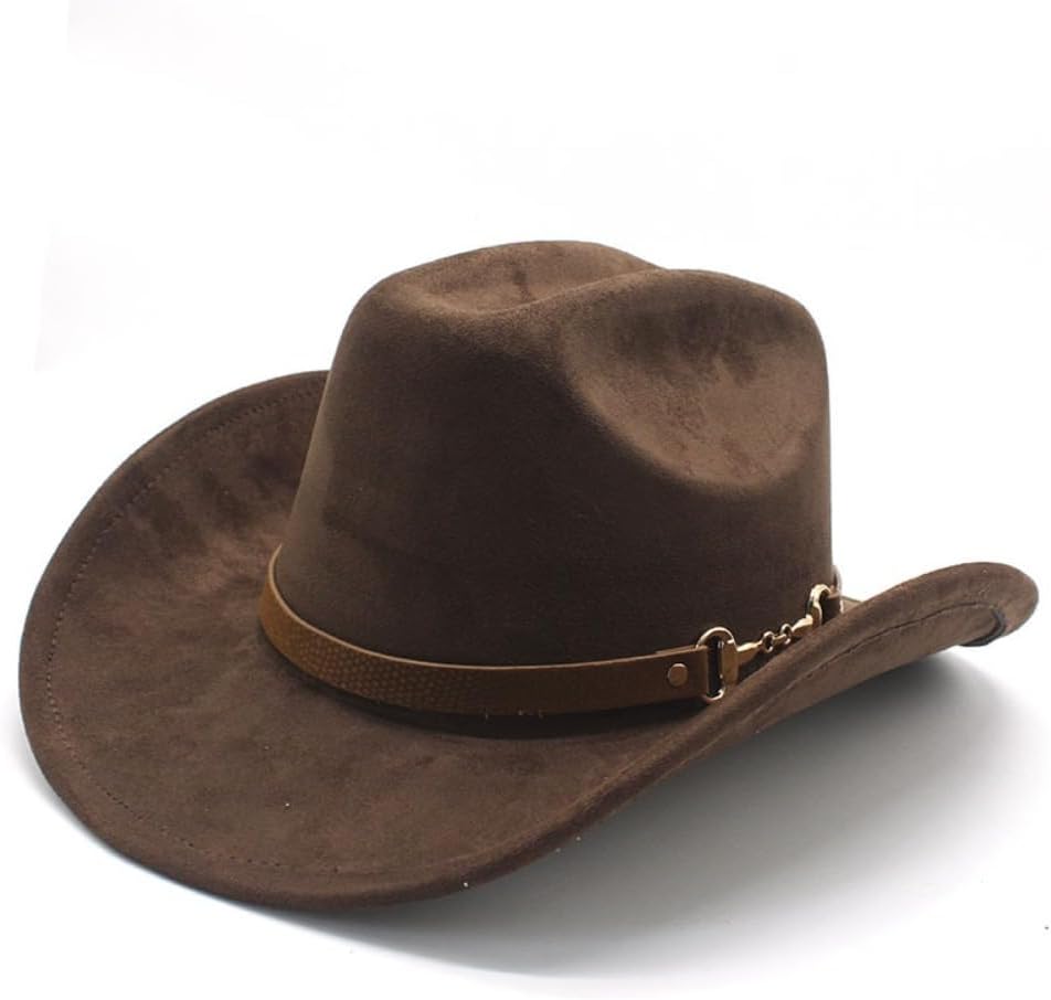 Western Cowboy Hat, Orange, Faux Suede Material, Brown Leather Band with Chain Detail