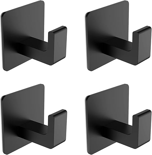 Ganchos de toalla para adhesivo de baño, paquete de 4 ganchos de baño negro mate para toallas, gancho de toalla resistente a la corrosión, ganchos