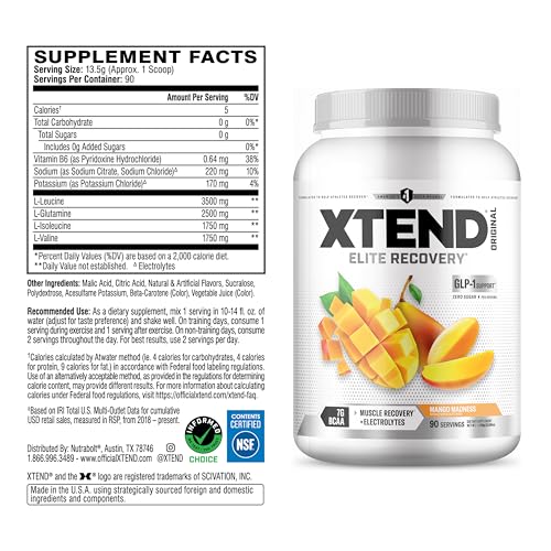 Image of XTEND Original BCAA Powder Mango Madness | Sugar Free Post Workout Muscle Recovery Drink with Amino Acids | 7g BCAAs for Men & Women | 90 Servings