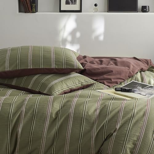 Image of mixinni Vintage Striped Duvet Cover Set Queen - 100% Cotton Reversible Jacquard Bedding Set, Retro Olive Green & Terracotta Comforter Cover, Soft Breathable 3-Piece(1 Duvet Cover+2 Pillowcases)