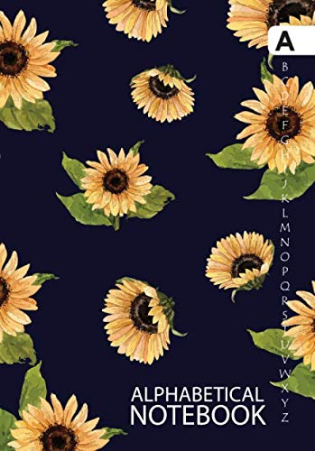 Alphabetical Notebook: A5 Alphabetical A-Z Index Lined Journal with Tabs Printed, Sunflowers Design Navy