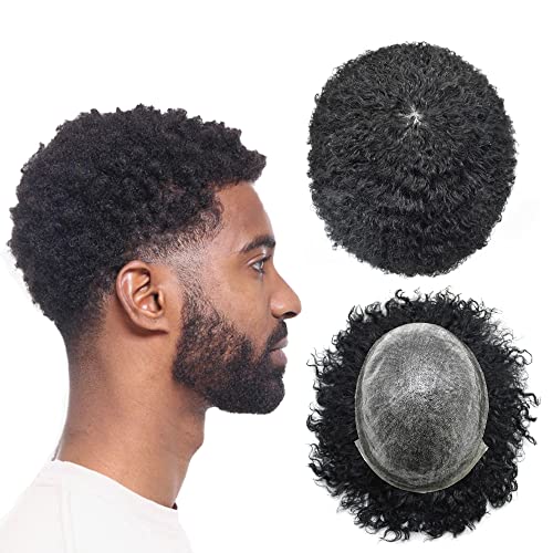 LYRICAL HAIR Afro Curly Toupee for Black Men 8X10 Full Poly African American Human Hair System All Injected PU Hairpiece Replacement Skin Kinky Curly Wig (8MM Afro Wave, 1B# Natural Black/Off Black)