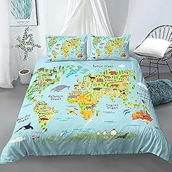 Textil Hogar Fundas Nordicas LUOWAN Resumen Dibujos Animados Mapa Del Mundo Niños 3 Cremallera Funda Nórdica Textil Para El Hogar 3D Funda de Almohada Para Niños Twin 150 x 220 CM Juego de Funda Nórdica Juego de Ropa de Cama Fund