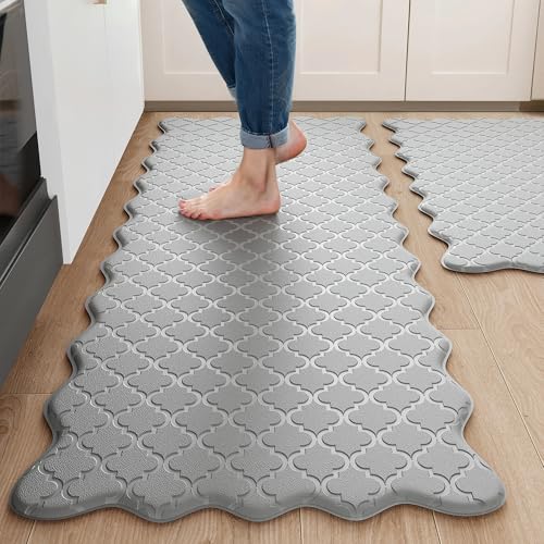 Upgrade Scalloped Embossed Kitchen Mats for Floor 2PCS Cushioned Anti Fatigue Waterproof Foam Kitchen Rugs Non Slip Washable Comfort Standing Mat for Office Sink Laundry, Black Basic Solid-