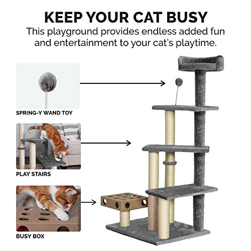 Image of Furhaven 49.5 inch Tall Cat Tree for Indoor Cats, Ft. Sisal Scratching Posts, Plush Ball Toy, & Busy Box Toy - Tiger Tough Play Stairs Interactive Playground Tower - Gray, One Size