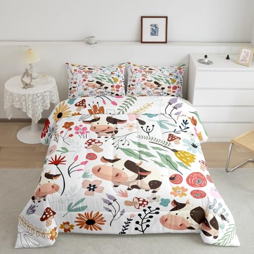 Erosebridal Cute Milk Cow Comforter Set Mushroom Floral Twin Bedding Sets for Boys,Cartoon Animal Quilt Watercolor Flowers Leaves Toddler Duvet Insert for Girls Kids Children,Kawaii Room Dec