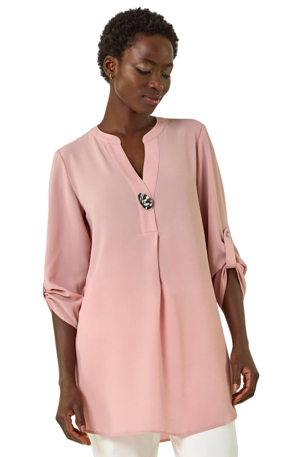 Roman Originals Shirt for Women UK Ladies Longline Top Collarless Blouse Smart Tunic Casual Evening Relaxed Fit 3/4 Length Sleeve Notch V Neck Long - Baby Pink - Size 12