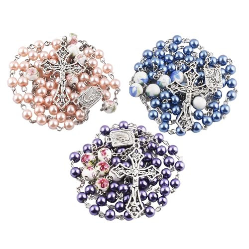 3 pcs 6mm Glass Pearl Beads Catholic Lourdes Rosary Necklace for Women with Gift Bag