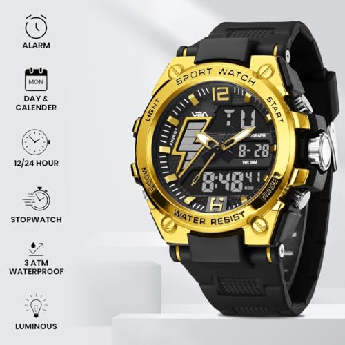 Image of V2A Stryke 45mm Analog Digital Sports Watch for Men | Hybrid Layered Dial | Alarm Stopwatch Backlight Day Date | TPU Strap | 30M Water Resistant | Gift for Mens
