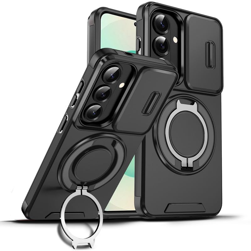 Image of LuxuryKase Shockproof Rugged Case for Samsung Galaxy S26 | Slide Camera Cover | 360 Rotating Ring Kickstand | Military-Grade Protection - Matte Black