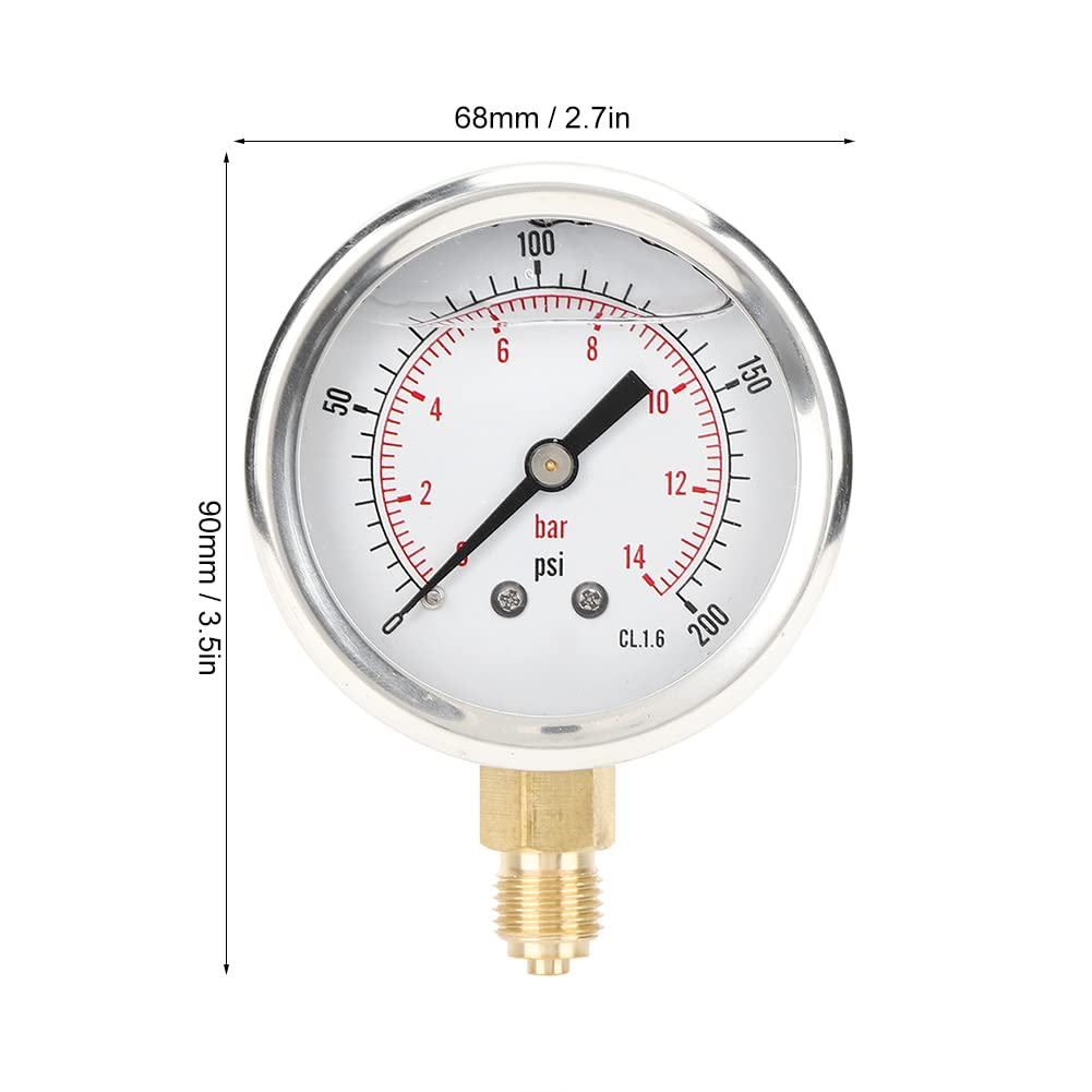Manomètre de Pression 14 Bars 200 psi en Acier Inoxydable, Cadran Transparent, Filetage 1/4 BSP, manomètre mécanique Robuste pour Usage Industriel, Automobile et Domestique.