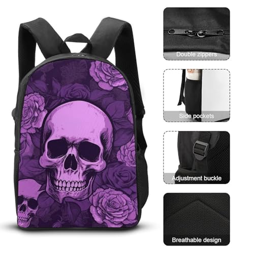 3 Piece Backpack for Women Men Lightweight Causal Daypack Shoulder Bag Set with Insulated Lunch Bag And Pencil Case Organizers Purple Skulls And Roses3